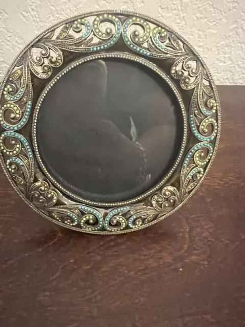 Two's Company Enameled Brass Oval Photo Frame Rhinestones And Beads 3.5x3.5