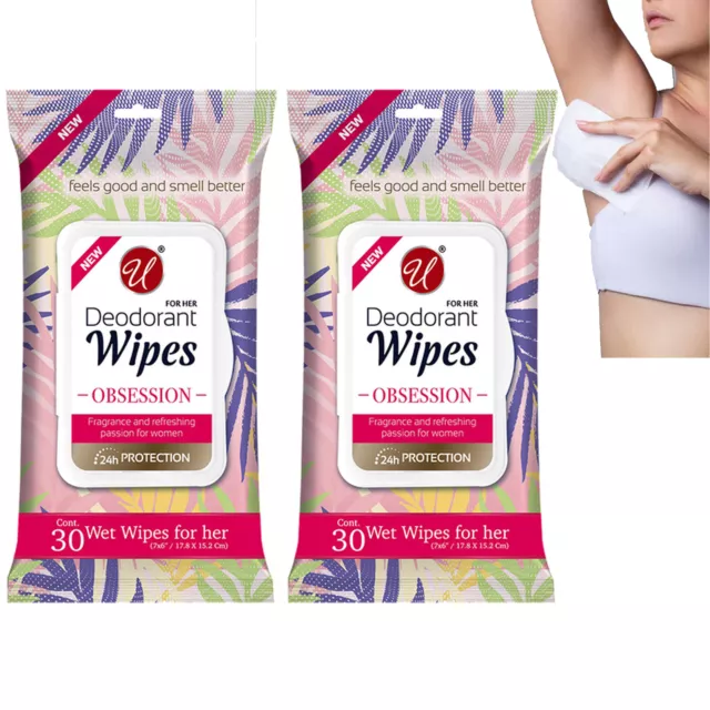 2 Packs Women's Deodorant Wipes Refreshing Moist Body Cleaning Fresh Scent 60 Ct