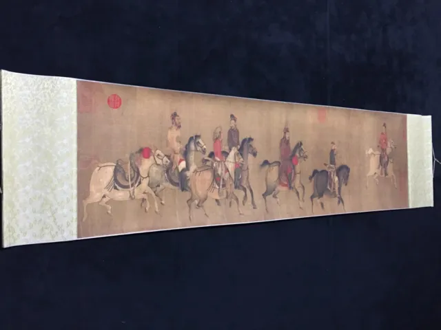 Old Chinese Antique Long Painting Scroll Riding horses By  Li Zanhua 李赞华 耶律倍