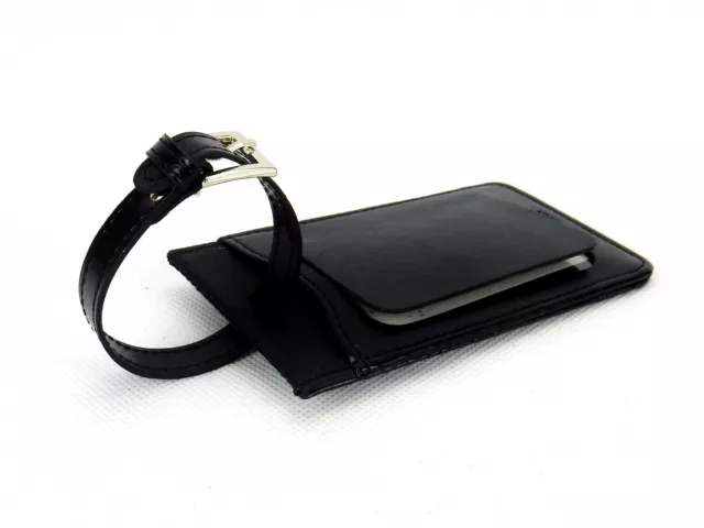 Black Leather Luggage Tag ~ Leeman Ilani Cowhide, Buckle Strap #PL-9290