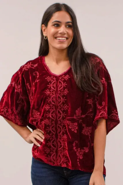NWT Kyla Seo Julia Blouse Velour Embroidered Relaxed Fit Burgundy Red S Small