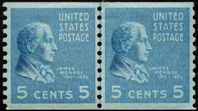 US - 1939 - 5 Cents Bright Blue Presidential Series Coil # 845 Joint Line Pair