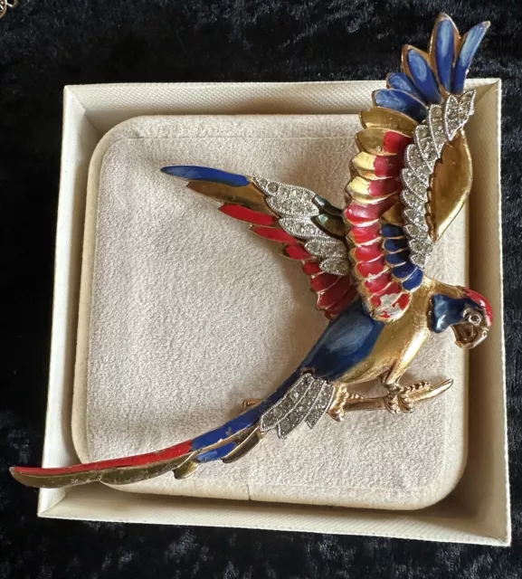 Vintage 1930s Pot Metal & Rhinestones & Multi Color Enamel Large Parrot Brooch