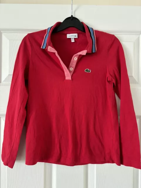 Girls Boys 10 Years Red Cotton Long Sleeved Lacoste Red T Shirt Top