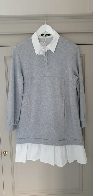 Robe Grise Mango Avec Col Claudine Blanc - Taille M, Longueur Genou, Style Évasé - Neuve Sans Étiquette