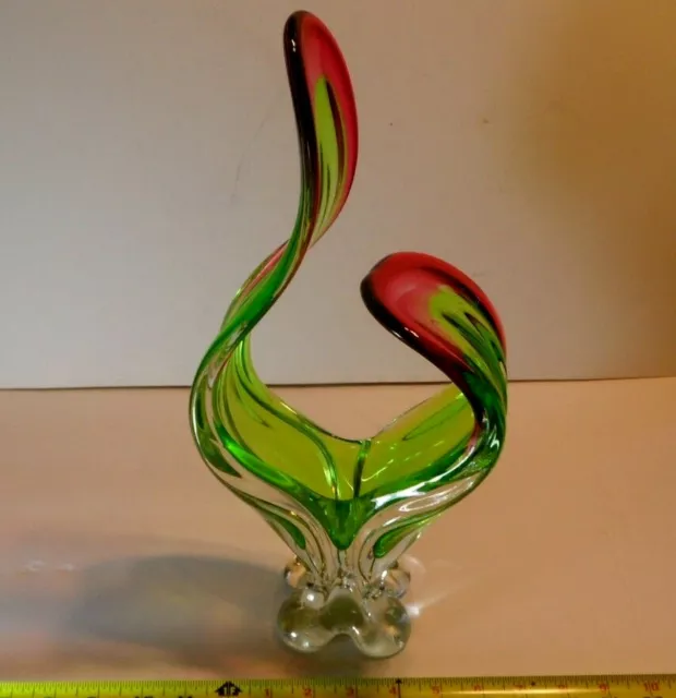 Hand Blown Murano Art Glass Vase Sculpture Pink Cranberry to Green Elephant Foot