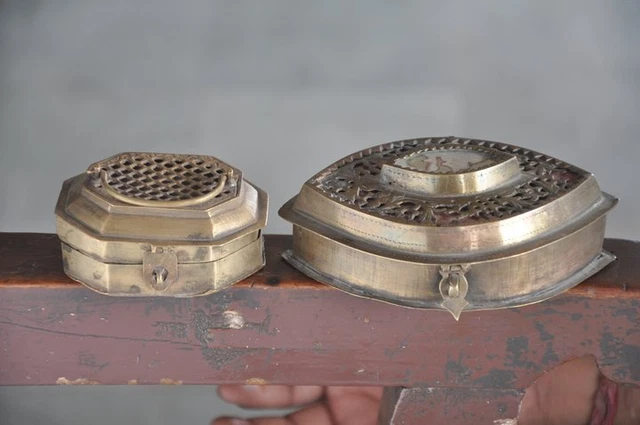 2 Pc Old Brass Jali Cut 5 & 4 Compartment Handcrafted Betel Nut Boxes