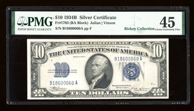 DBR 1934-B $10 Silver Vinson Fr. 1703 PMG 45 Serial B18600060A
