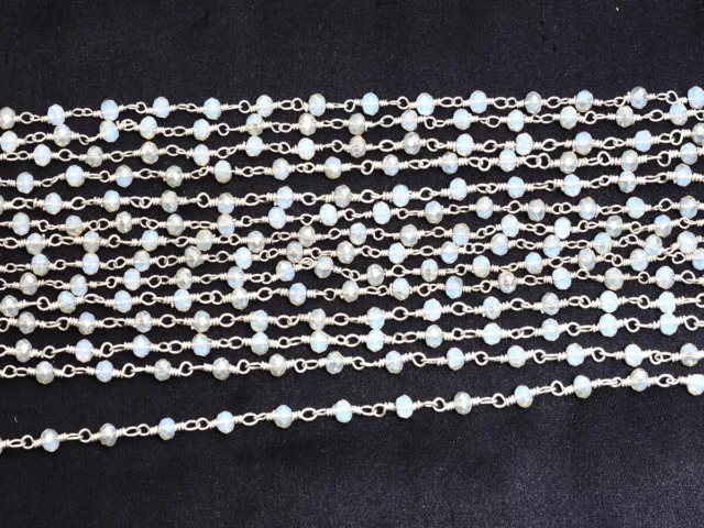 White Rainbow Hydro Rondell Faceted Silver Plated Wire Rosary Beaded Chain