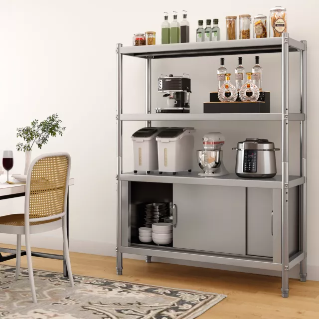 TAUS 4 Tier Kitchen Storage Shelf Heavy Duty Stainless Steel Shelves w/ Cabinet