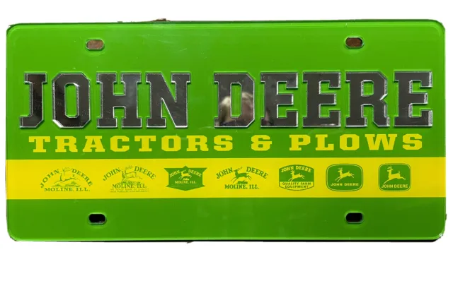 John Deere License Plate Green New Acrylic featuring 7 JD logos from 1876-2000