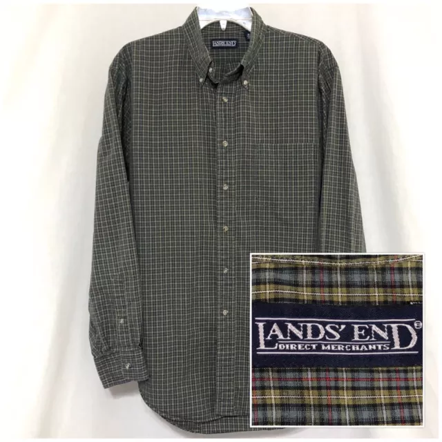 Sz L 16-34 LANDS END Men’s Regular Fit Long Sleeve Button Down Green Plaid Shirt