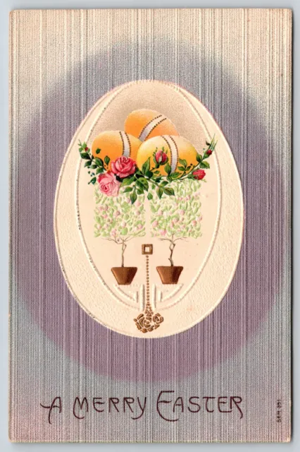 A Merry Easter~Yellow Eggs W/ Roses & Potted Trees~Embossed~Vintage Postcard