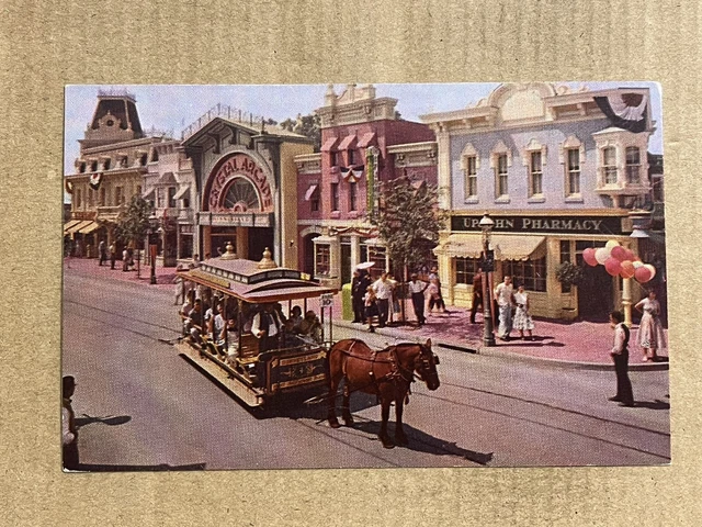 Postcard Disneyland Upjohn Pharmacy Main Street Horse Drawn Trolley Car Arcade
