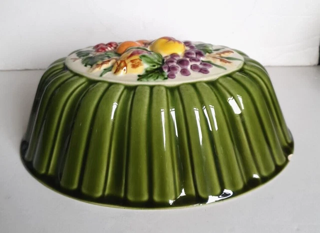 Vintage French Porcelain Jelly Mould - Green with Hand-painted Fruit Design