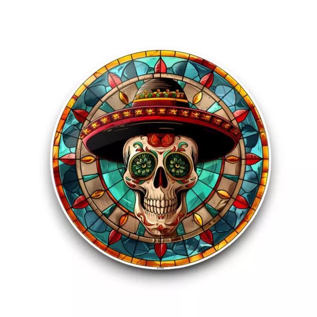 LARGE Skull Sombrero Stained Glass Window Design Opaque Vinyl Sticker Decal