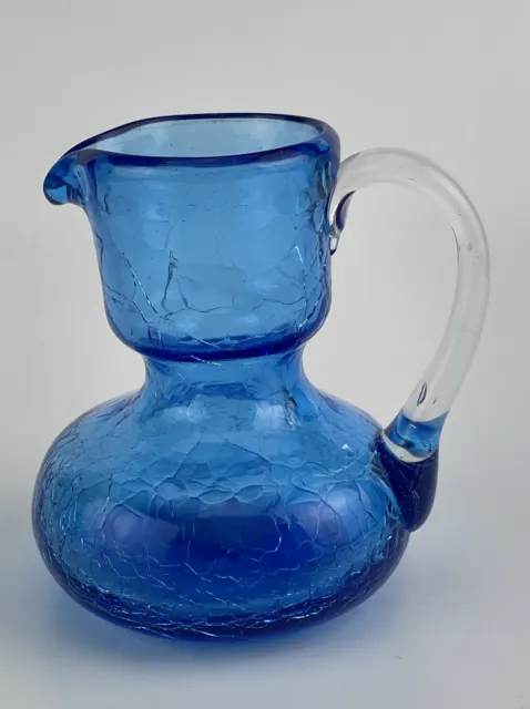 Vintage Mid-Century Blue Crackled Art Glass Pitcher Creamer 4” Tall Window Sill
