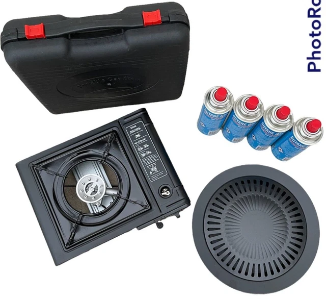 Set 1 Campingkocher Camping Gaskocher  Tischgrill 4 Gaskartuschen Grillplatte