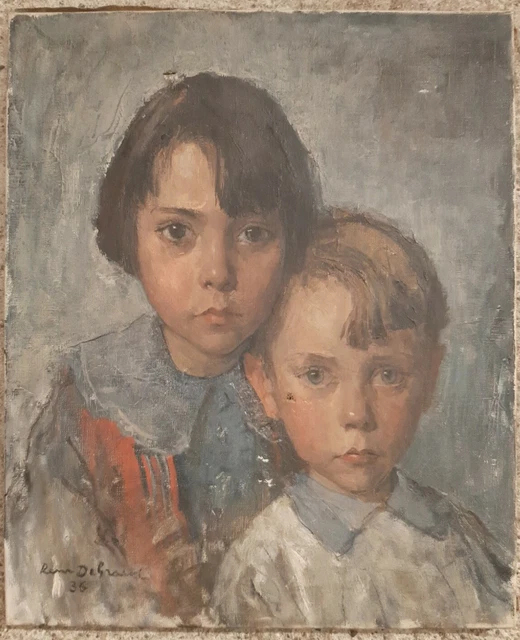 Ancien Superbe Tableau peinture HST Double Portrait intimistes Enfants 1936