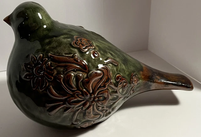 Large Ceramic Green Bird Figurine Brown Floral Glazed 6" Tall
