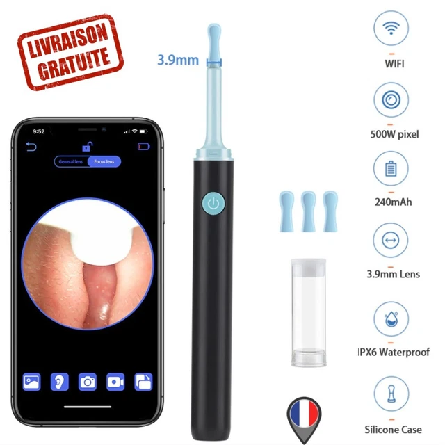 Otoscope Nettoyeur d'Oreille Sans Fil Intelligent WiFi Caméra et Lumière LED
