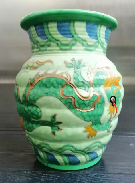 Stunning Art Deco Charlotte Rhead Signed Crown Ducal Manchu Dragon Ribbed Vase