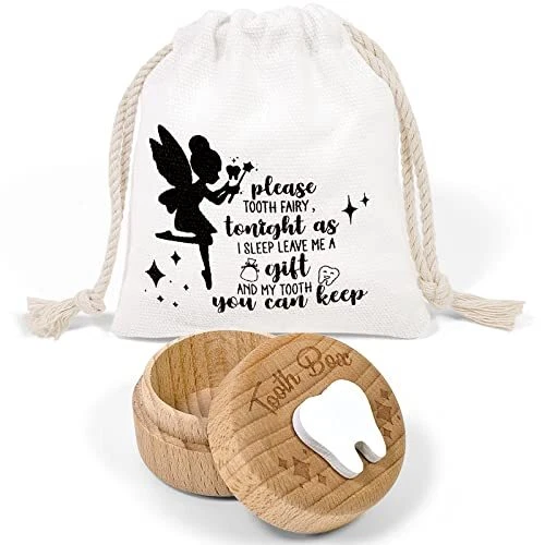 Tooth Fairy Box with Tooth Fairy Bag Pouch3D Carved Wooden BoxSouvenir Droppe...