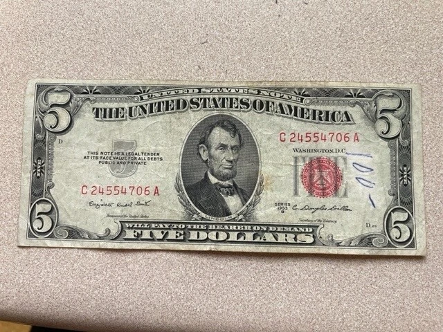 1953-B Five Dollar Note $5 Red Seal Certificate  C24554706A, lot13