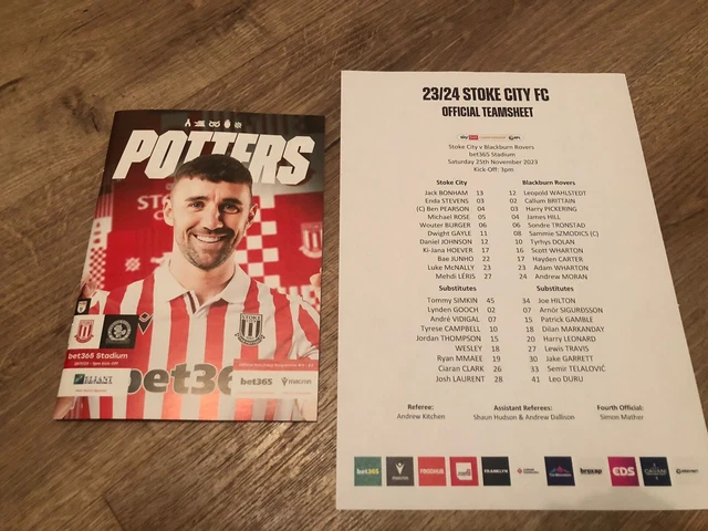 Stoke V Blackburn  2023-24 & Teamsheet