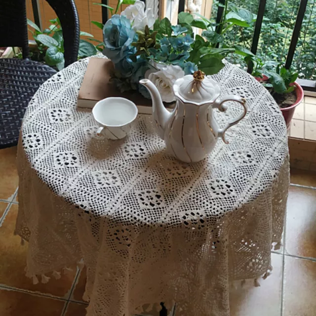 Handmade Crochet Square Tablecloth Table Cover Lace Tassel Dining Table Cloth AU