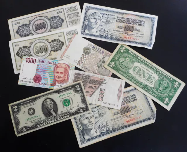 Job Lot of Old Foreign Banknotes including old American 1 and 2 Dollars Notes