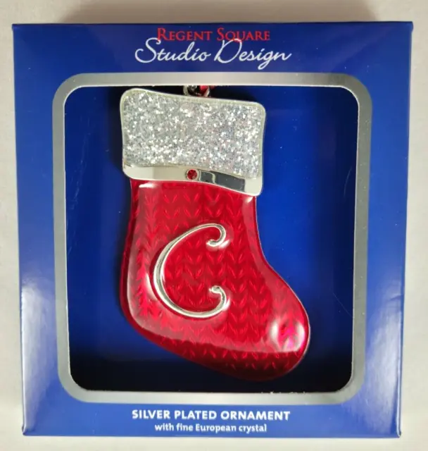 Regent Square Monogram Initial C Christmas Ornament Red Stocking Metal 3"