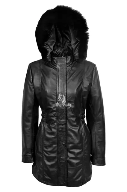 ALANA BLACK Ladies Hooded Fur Knee Length Real Lambskin Designer Leather Coat