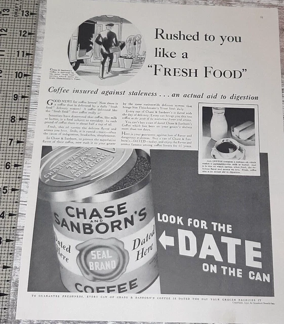 1932 Chase and Sanborn Vintage Print Ad Coffee Ground Canned Freshness Date B&W