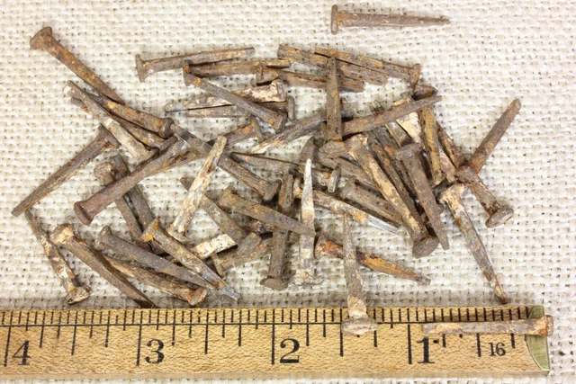 1” OLD Square NAILS 50 used 1850’s vintage rusty 3/16” large head white wash