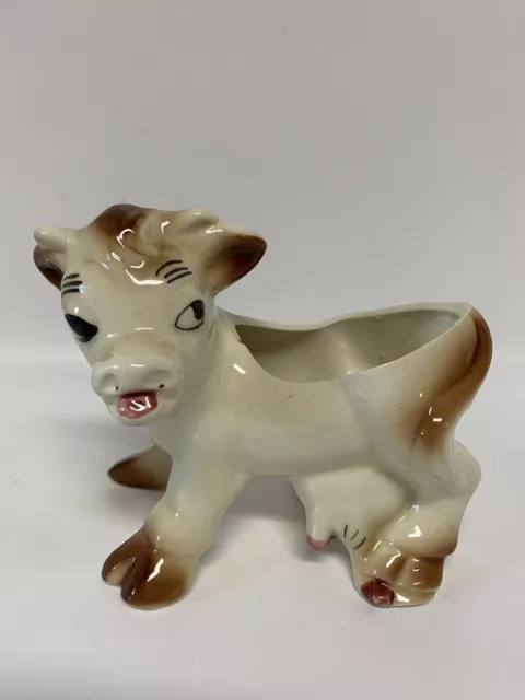 Vintage Antropomorphic Ceramic Beige and Brown Cow Planter Cottage Core Kitschy
