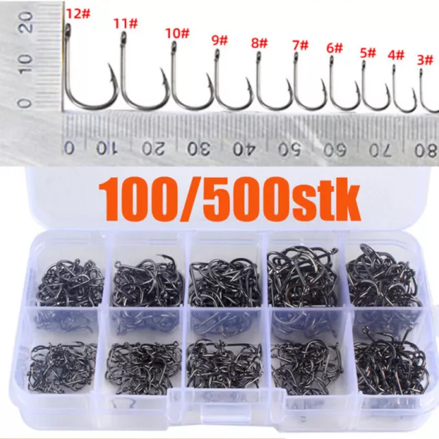 10 Größen Angelhaken Set Carbon Stahl 100/500 Stück Karpfenhaken Allroundhaken