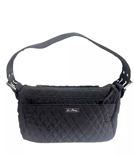 Vera Bradley Black Microfiber Quilted Handbag Purse Zip Top Pockets Satchel