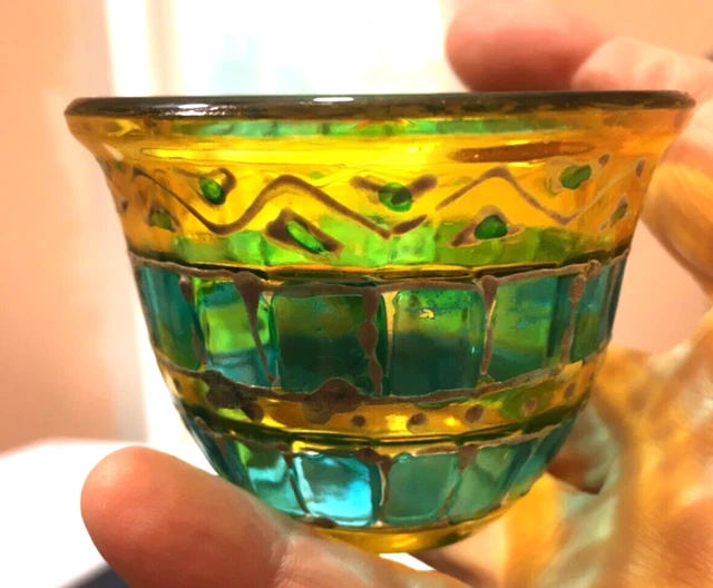 SAKE Matching Glass Set (5) Blue and Amber Marked N. T.