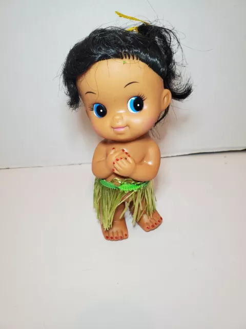 Vintage Hawaiian Hula Girl Doll Blue Eyes Green Skirt 6” Soft Vinyl HONG KONG