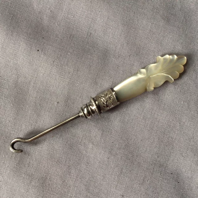 Antique Small Silver & Mother of Pearl Button Hook