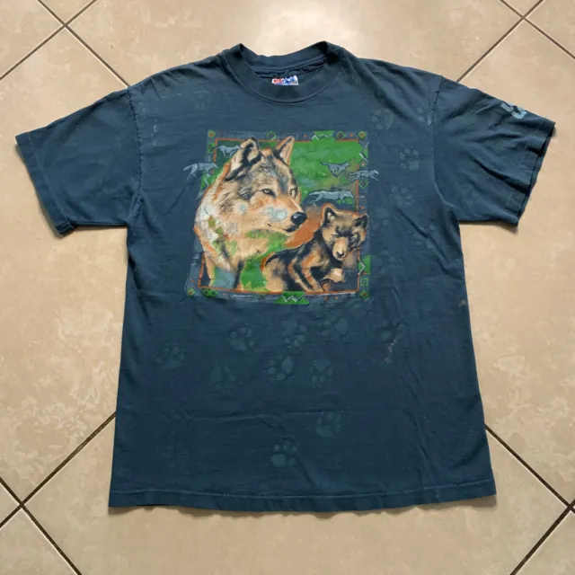 Vintage 1993 Harlequin Wolf Bear Paw All Over Print T-Shirt M VTG Long Lake AOP