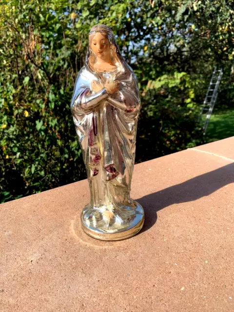Ancienne Grande Statue Vierge Marie Madonne  En Verre Eglomise Art Populaire