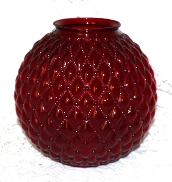 Vintage Ruby Red Cranberry Gwtw Diamond Quilted Oil Lamp Shade Globe 4" Fitter