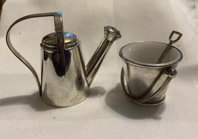 So Cute! Mini Silver Plate Pail & Shovel & Watering Can Salt Cellar & Pepper