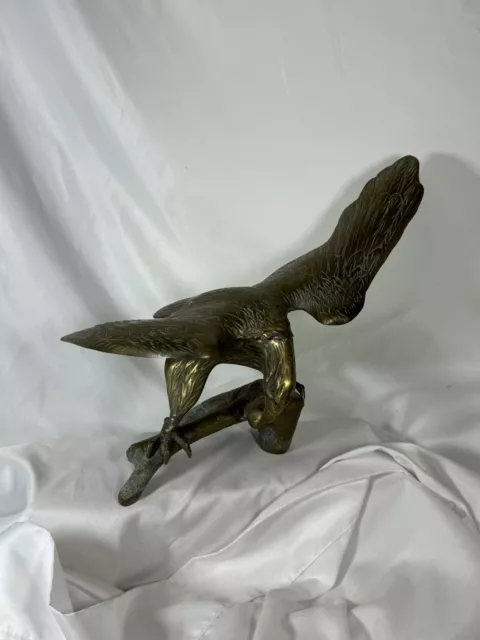 Vintage MCM Large Brass American Bald Eagle Perched on a Branch 14” Wingspan