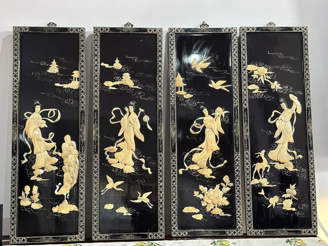 Large Vtg Oriental Mother Of Pearl Black Lacquer Asian Wall Art 4 Plaque  Panels £314.44 - Picclick Uk