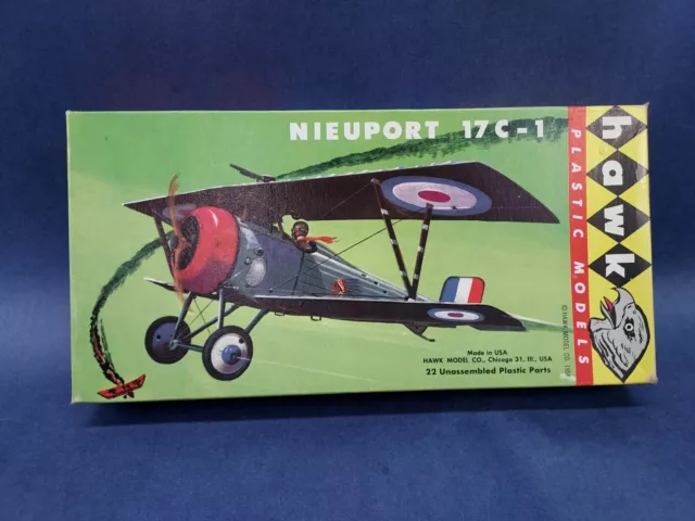 Vintage 1958 Hawk Nieuport 17C-1 WWI Plane Model Kit #613 Complete & Unbuilt