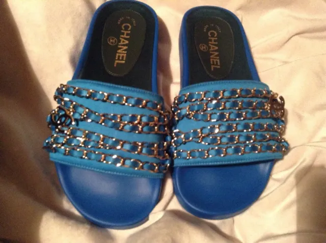 CHANEL MULES BRIGHT Blue Sandals 35 Shoes Gold Chain Cruise 17C BNIB Slides  $899.00 - PicClick