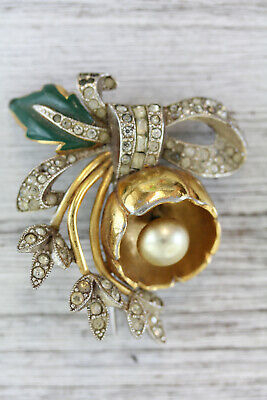 Antique Fur Clip Flower Brooch Pin Rhinestone Enamel Pearl Costume Jewelry Retro
